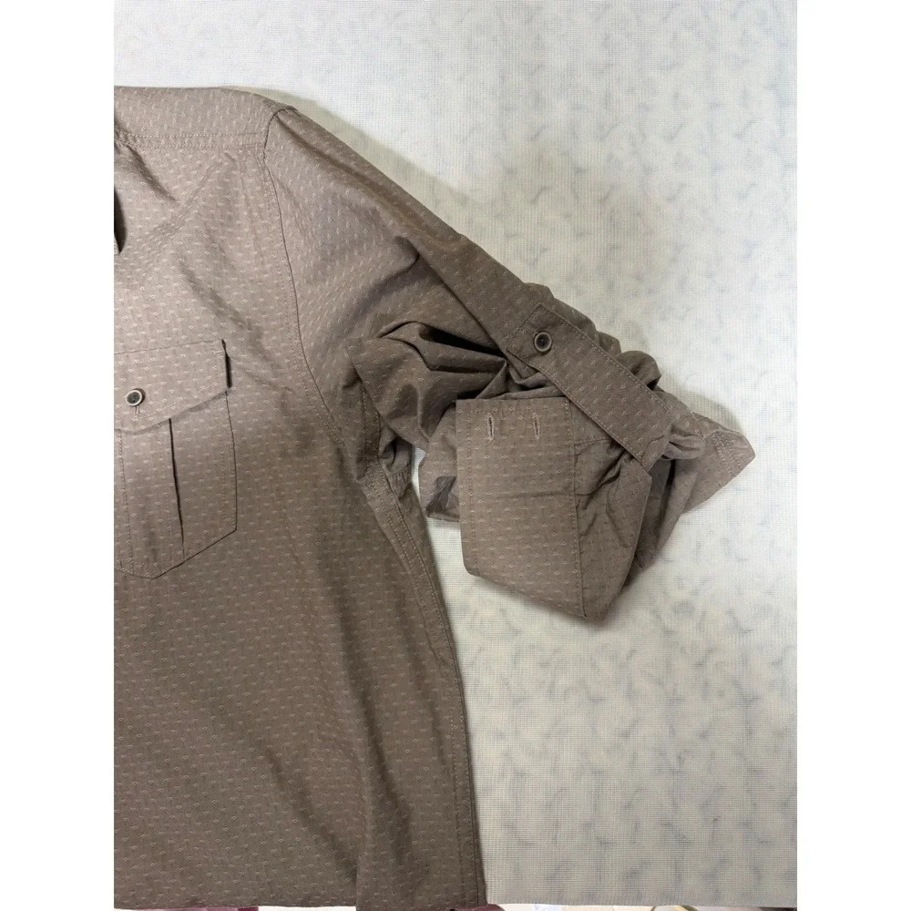 Prana Mens Large Brown Geometric Print Roll Tab Long‎ Sleeve Button Up Shirt LRG